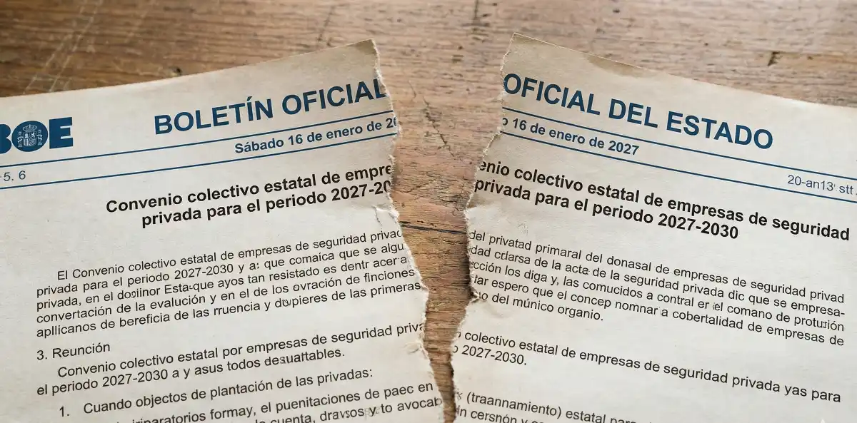 Documento del BOE del Convenio de Seguridad 2027-2030 roto por la mitad en señal de rechazo