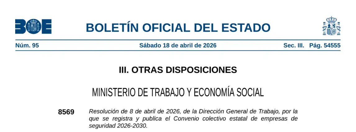 Primera página oficial del Convenio Colectivo Estatal de Empresas de Seguridad Privada publicado en el BOE